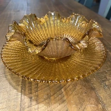 Vintage Italian Colony Glass Ruffled Edge Waffle Bowls & Plates Set Amber