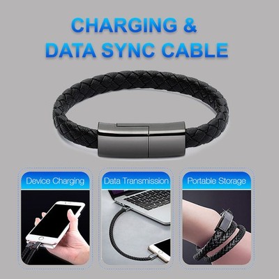 Leather Bracelet USB Charging Cable for iPhone USB-C Android Wearable Data Sync