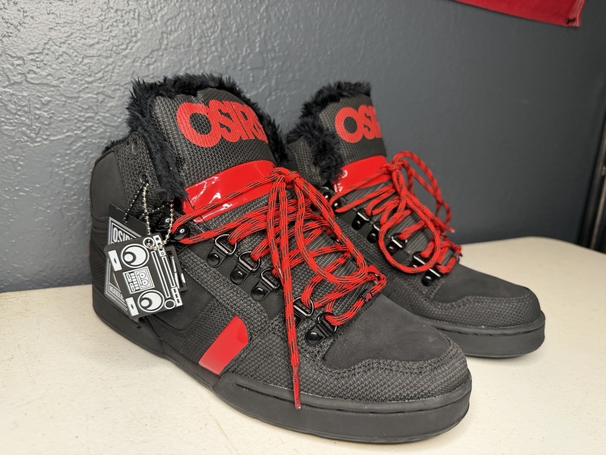 Osiris NYC 83 SHR Mens 10 Y2K Skate Shoes Black Red Fur Lined High