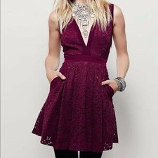 FREE PEOPLE Sleeveless V-Neck Lace Fit & Flare Dress in Burgundy, Grape, Wine