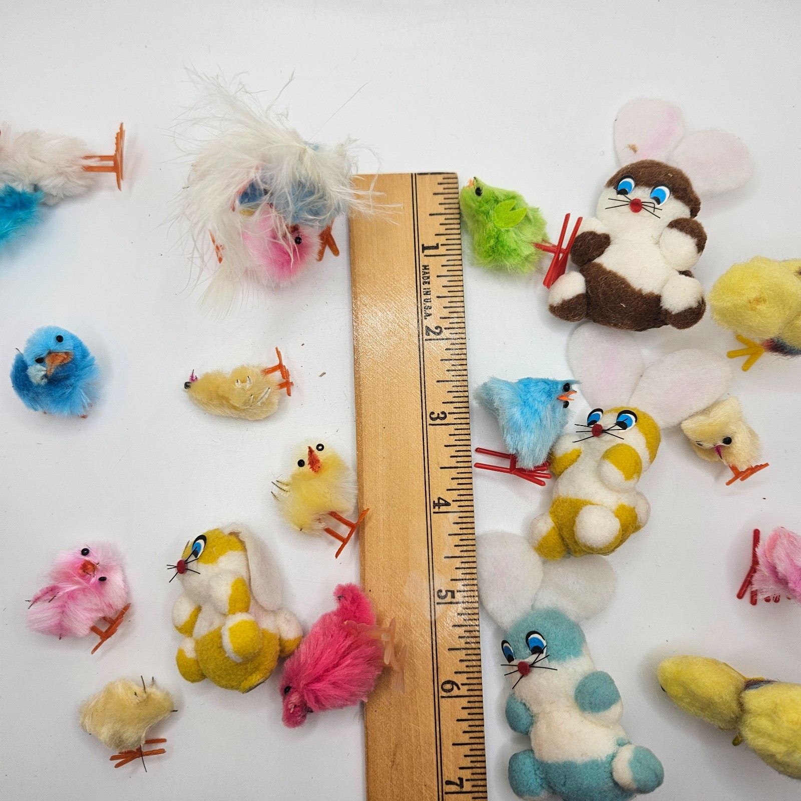 Vintage Flocked Easter Bunny & Chick Lot Feather Chicks Japan Style Spring Decor