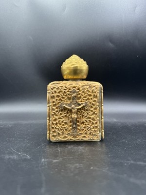 Vintage Weihwasser Glas Flasche mit Gold Metall filigran, alle 4 Seiten