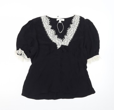 Marks and Spencer Damenbluse schwarz Spitzenbesatz Puffärmel Größe 12