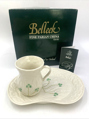 Belleek Luncheon Tray With Mug 9th Blue Mark Daisy and Shamrock Details W/ Box