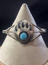 Vintage Signed Navajo Sterling Silver Turquoise Bear Paw Cuff Bracelet 6.75” (J)