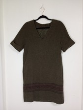 Massimo Dutti Wool-Blend Short-Sleeve V-Neck Dress Stripe Detail Size Small