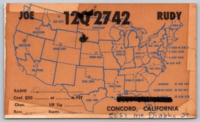 1968 QSL Postcard Concord CA Amateur Radio Map Amelia Earhart Stamp C83