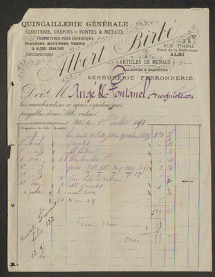 ALBI (81) EISENWAREN SCHLOSSEREI FERRONNERIE ''Albert BIRBE'' um 1890