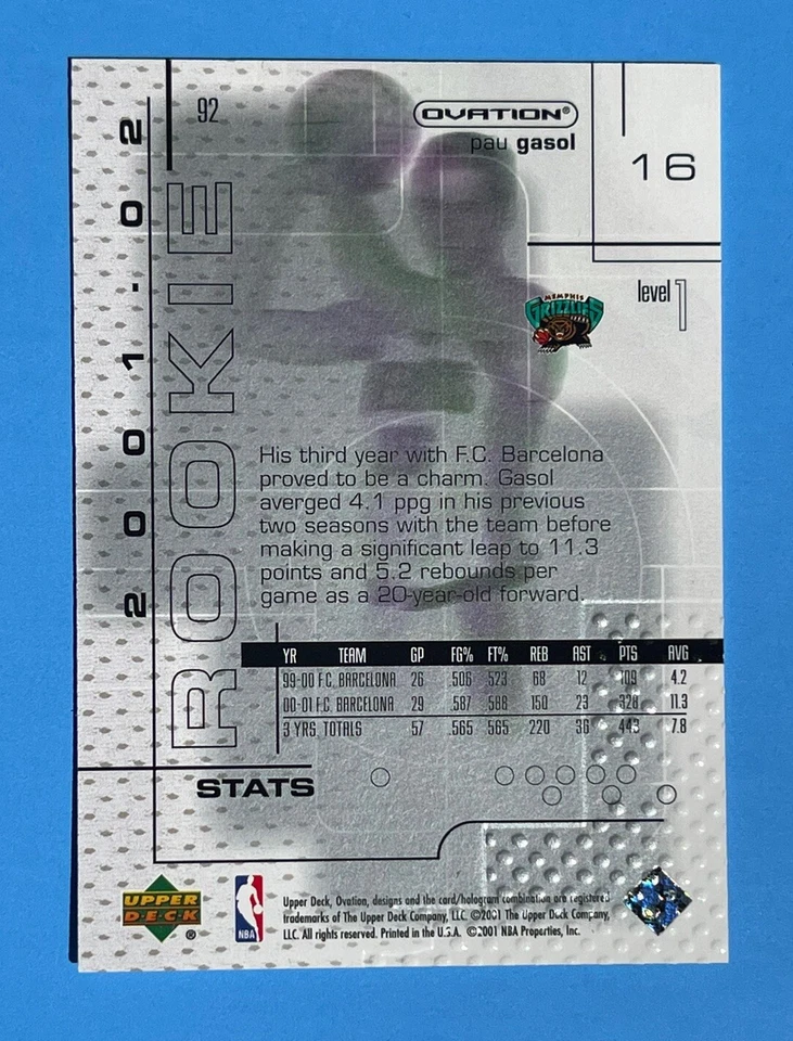 Pau Gasol 2001-02 Upper Deck OVATION Rookie #/625 LOS ANGELES LAKERS 🇪🇸 Spain - Image 3 of 4