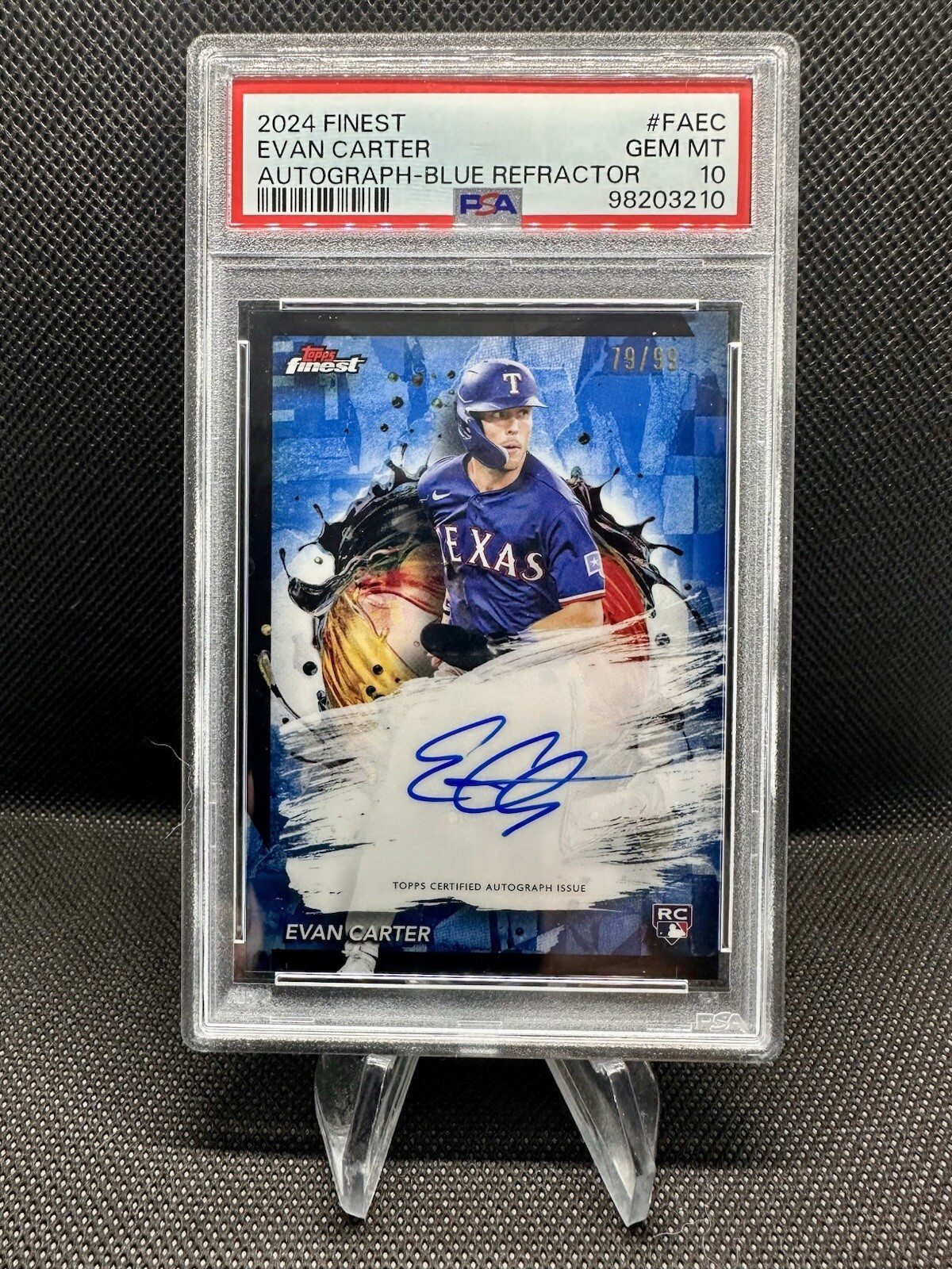 Evan Carter RC 2024 Topps Finest Blue Refractor Auto /99 PSA 10