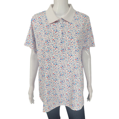 Lands End Supima Cotton Top 1X Plus Size White Star Print Polo Modern Tee Shirt
