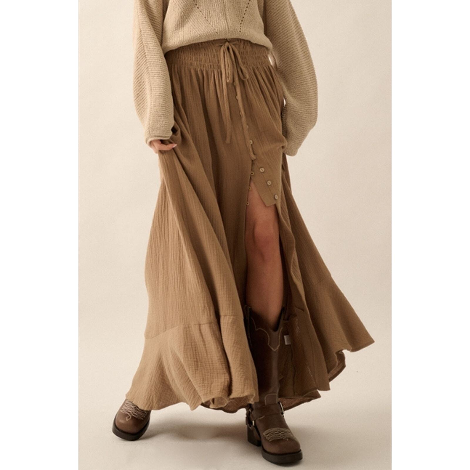 Promesa Espresso Size Medium Smocked Elastic-Waist Front-Slit Crepe Maxi Skirt