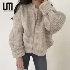 Korean Style Fashion 2023 Women Casual Warm Zipper Loose Jacket Coat Knit Sweate
