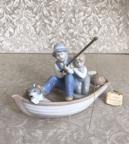 Vintage Glazed Ceramic MEICO, Inc Figurine Boat Grandpa Boy Dog Fishing Tan Blue - Afbeelding 1 van 7