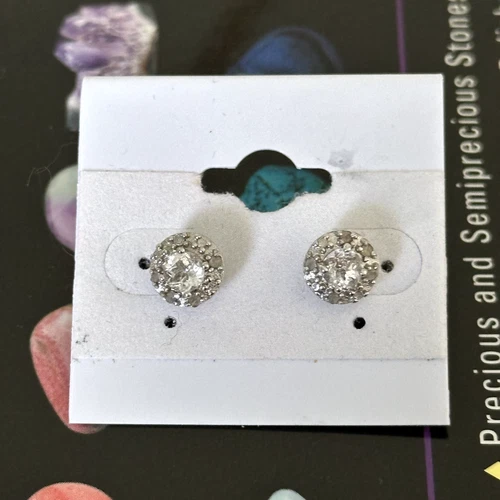 925 Sterling Silver White Topaz & Natural Diamonds Round Vintage Stud Earrings