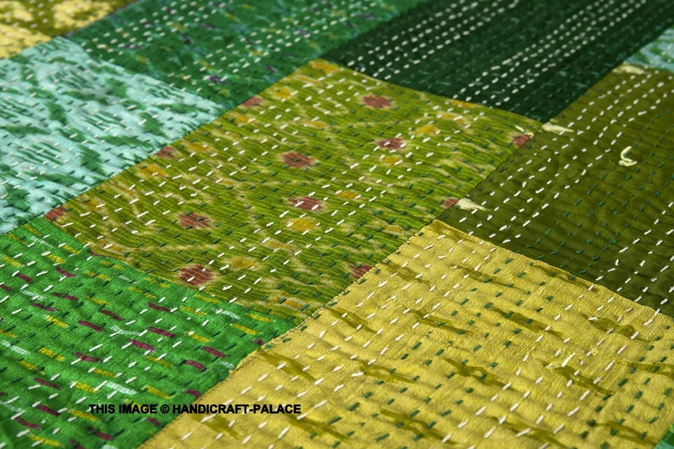 Indian green silk patola kantha quilt handmade reversible bedspread vintage king - Image 3 of 4