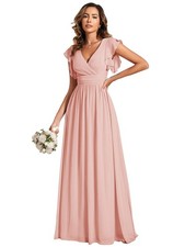 Ever-Pretty Long Bridesmaid Chiffon A-Line Dress Ruffle Sleeves Elegant - Pink