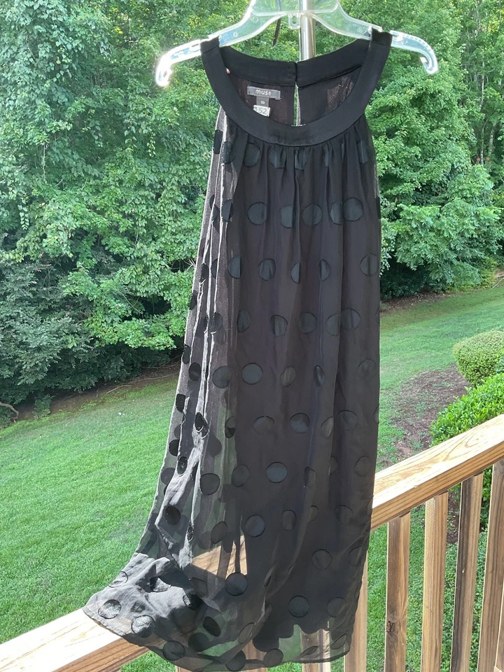 Vestido Muse Flocado Terciopelo Burnout Negro Lunares Talla 10 Halter Forrado Transparente Foto 4 de 4