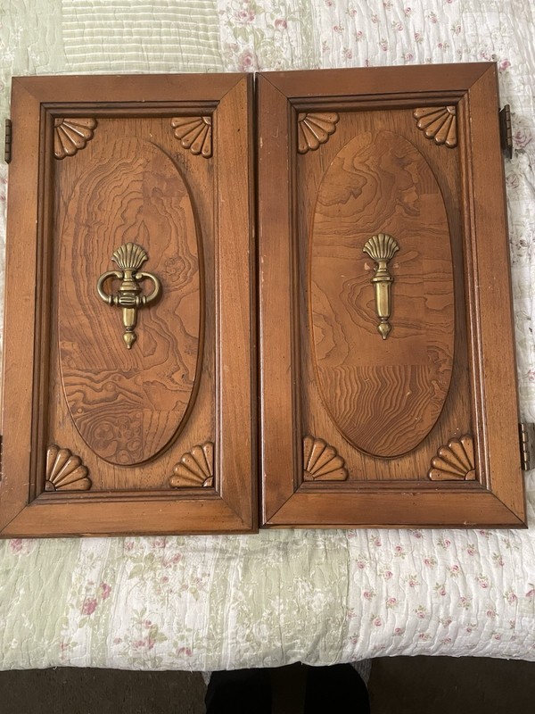 Salvaged Vtg Set Of Two Brown Cabinet Doors With Embellishment And Hardware