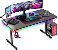 Gaming Desk 55 Inch with LED Lights, Large Computer Desk with Mouse Pad for Home