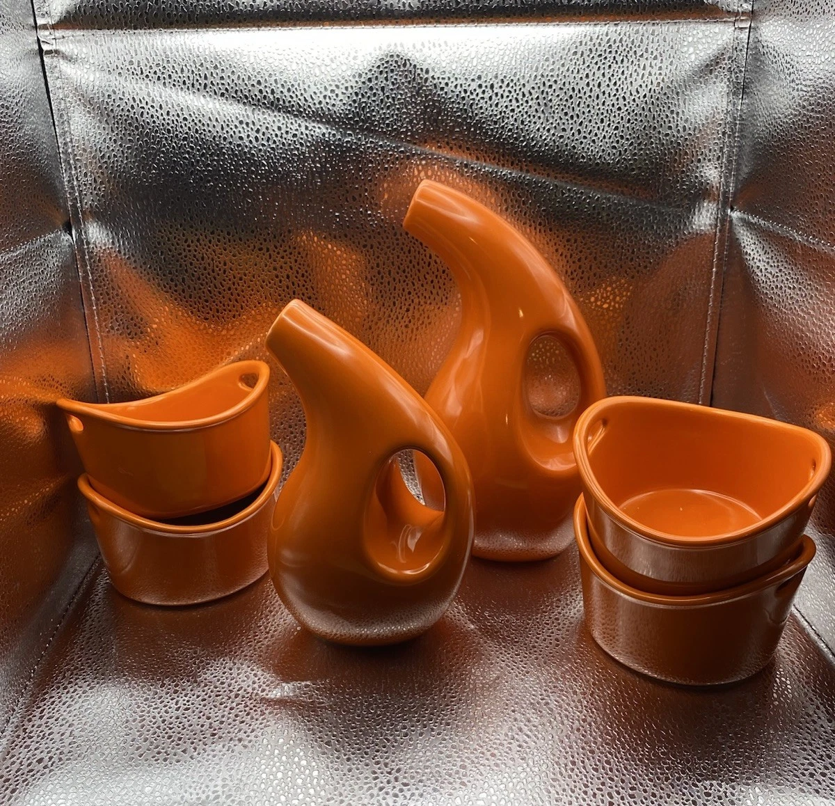 RACHEL RAY 4 Ramekins 10oz W/ 9” EVOO & 7” Vinegar Ceramic Dispensers Orange Set