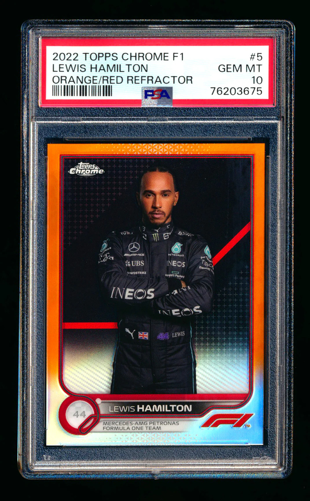 2022 Topps Chrome F1 #5 Lewis Hamilton Orange/Red Refractor Portrait PSA 10