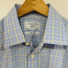 Charles Tyrwhitt 17.5 / 36 Non Iron Slim Fit Button LS Blue Plaid Dress Shirt A2