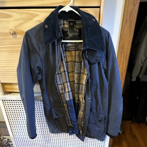 Barbour Men's Blue Wax Jacket Full Zip Plaid Lined Corduroy Collar Size 40