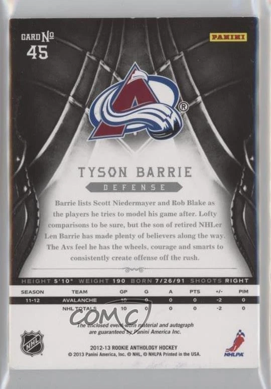 2012-13 Panini Rookie Anthology Signature Prime /99 Tyson Barrie #45 RC - Image 2 of 2