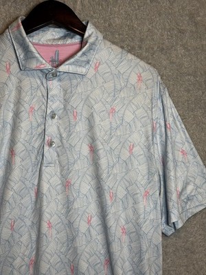 johnnie-O Featherweight Light Blue Pink Parrots Men s Polo Size Large