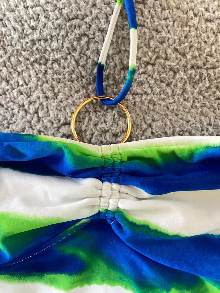 Blusa regata feminina Ralph Lauren azul verde branca tingida halter tamanho P - Imagem 2 de 4