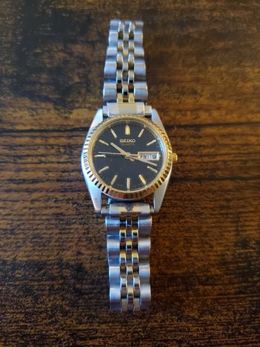 Seiko Ladies Day Date Black Dial Watch Fluted Bezel Womens 7N83-0041.New Battery