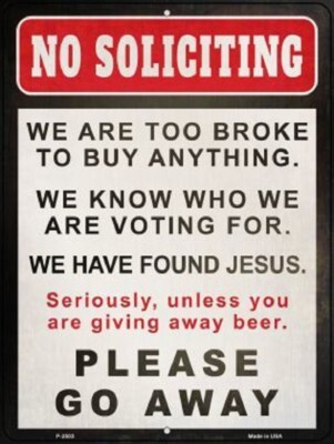 NO SOLICITING PLEASE GO AWAY METAL DECORATIVE PARKING SIGN