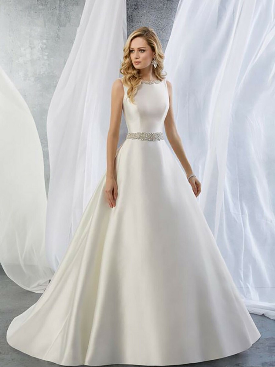 Elegant Thick Satin A Line Belt Wedding Dress White/Ivory Open Back Bridal  Gown