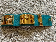 Hermes CDC Collier de Chien Leather Bracelet Gold Hardware Blue Bleu Paon XS