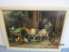 Altes Ölgemälde auf Holz Tiere vor dem Stall signiert W. Berger  40,8cm x 30,5cm