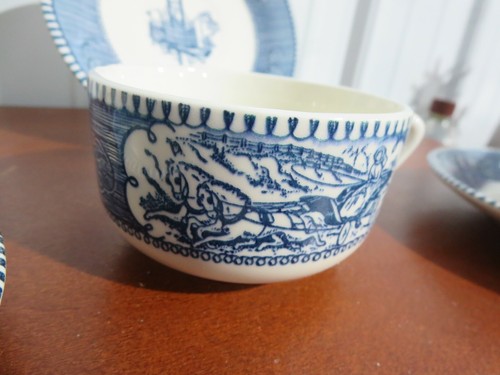 4 Royal China CURRIER & IVES Cup & Saucers Horse Buggy Steamboat Imperial Blue - Picture 3 of 5