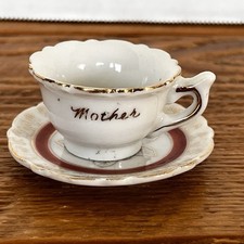 Vintage miniature porcelain gold trim MOTHER teacup  saucer 1.5  x 2  