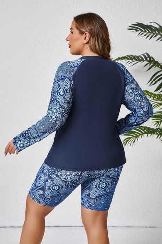 Women Padded Plus Size Swimsuits 2 Piece Rashguard with Boyleg Shorts Navy 2X - Picture 4 of 6