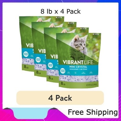 (4 pack) Vibrant Life Mini Crystal Cat Litter, Unscented, 8 lb Bag, Freeship