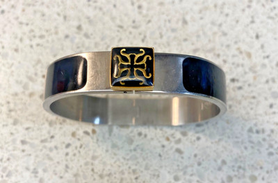 Rustic Cuff Bangle Black Silver Gold Filigree Enamel Hinged Bracelet