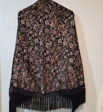 Vtg Black Velvet Floral Burnout Fringe Scarf Piano Shawl Whimsy Goth Boho Fairy