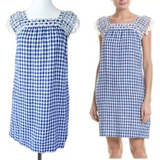 J McLaughlin Blue Gingham Linen Kris Dress Size Small Square Neck 