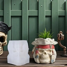Gypsum Pirate Skull Pot Silicone Mold Resin Epoxy Flowerpot Candles Vessel Mould