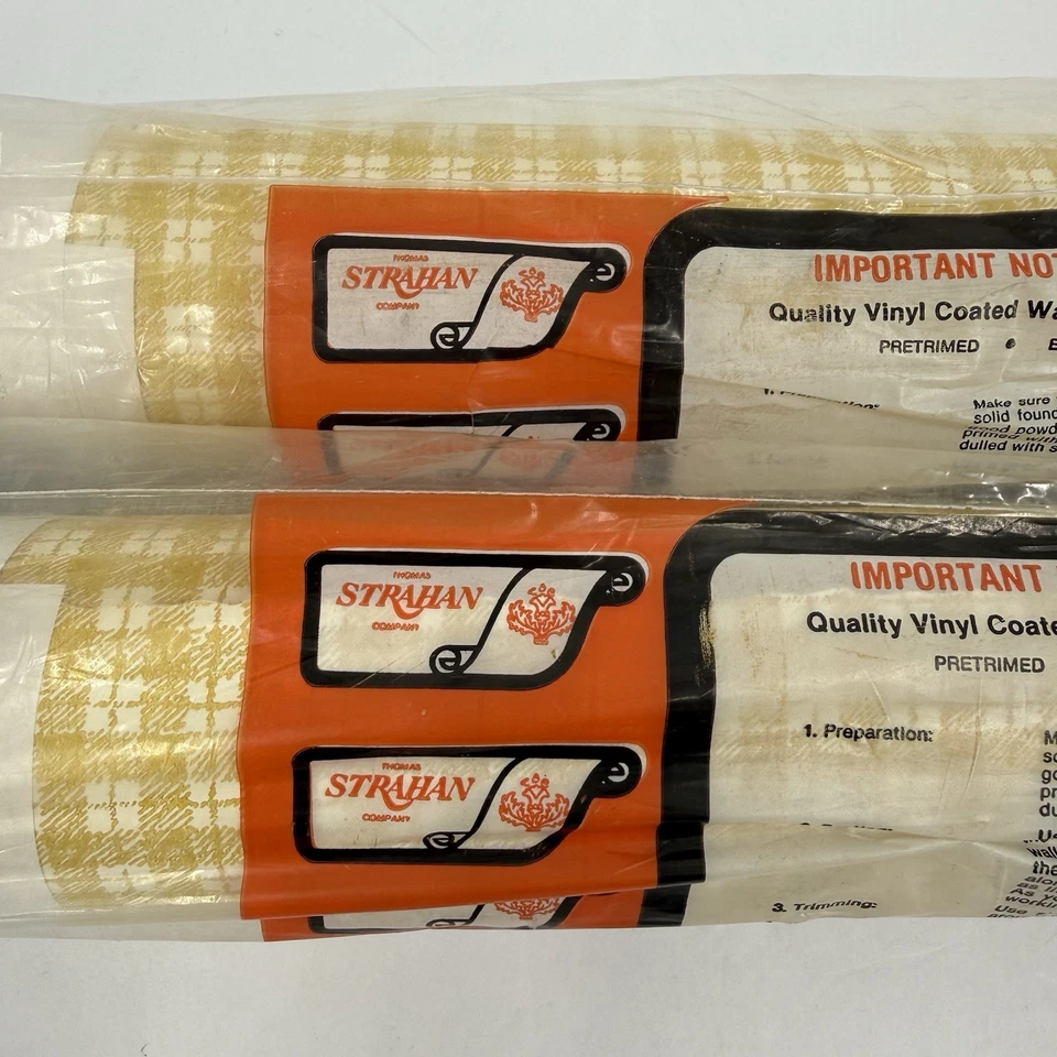 Papel tapiz vintage Thomas Strahan recubierto de vinilo amarillo a cuadros a cuadros dos rollos Foto 3 de 4