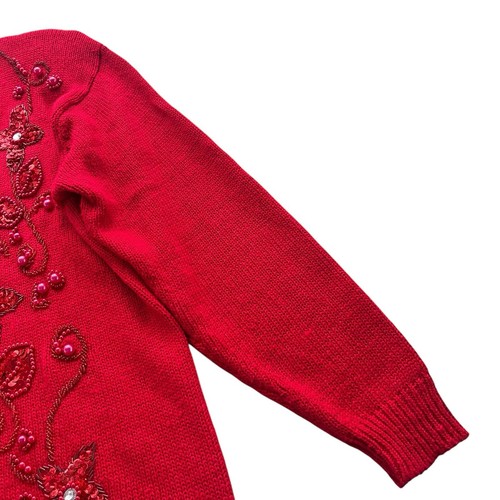 Seiberts Womens M Red Floral Beaded Sequin Knit Vintage Grandma Sweater Cardigan - Picture 11 of 23