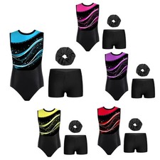 Kids Girls Set Performance Dancewear 3Pcs Outfit Leotard Round Neck Gymnastics