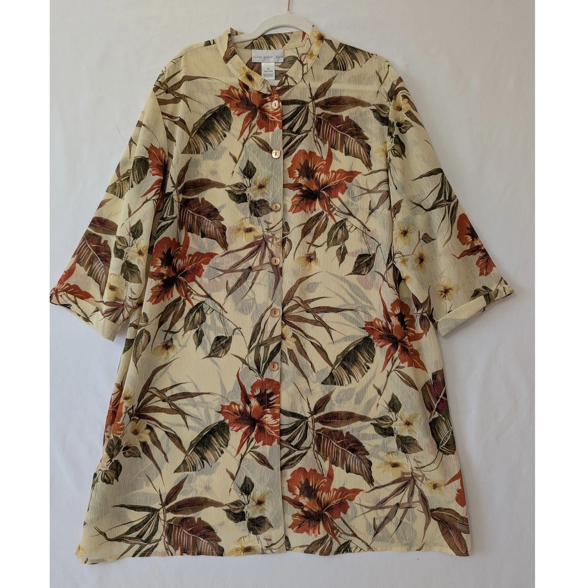 Susan Graver Top Women 1X Plus Pink Floral Tunic Bell Sleeves Peasant Bohemian