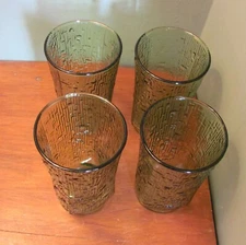4 MID CENTURY GREEN TEXTURED GLASS TUMBLERS Set Of 4 RETRO 12 ounces