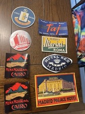 Lot of 8 Vintage Hotel Luggage Stickers Decals Labels - Taj Mahal, Cairo + BONUS
